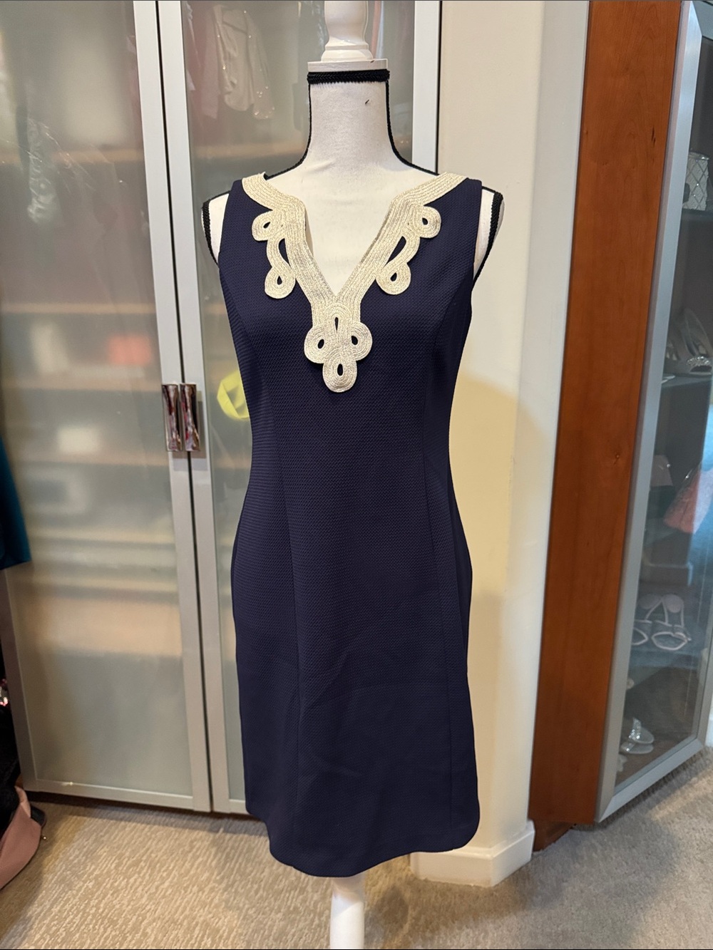 Vince Camuto Navy Midi Dress with Cream Lace V-Neck Trim